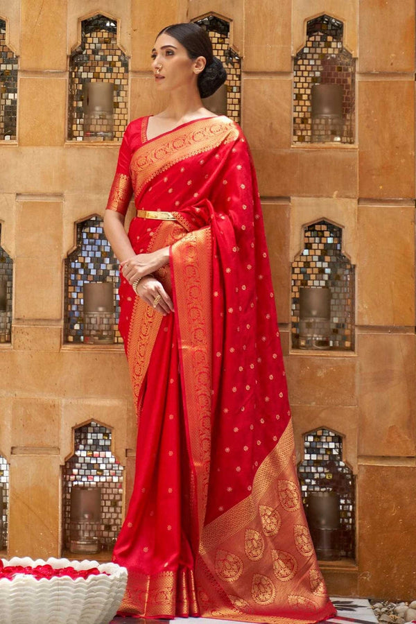 Red soft banarasi silk saree with zari weaving work