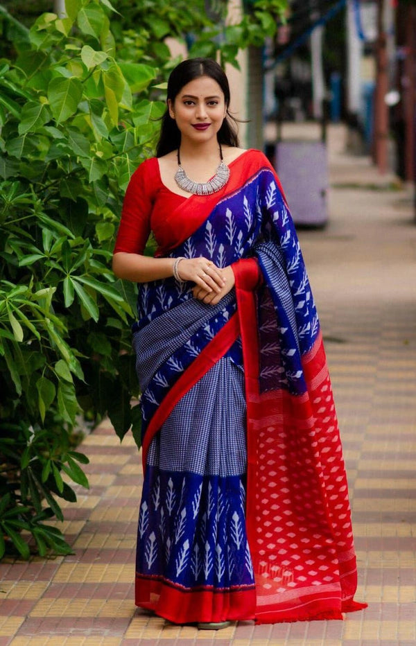 Blue soft linen cotton saree with digital printed work