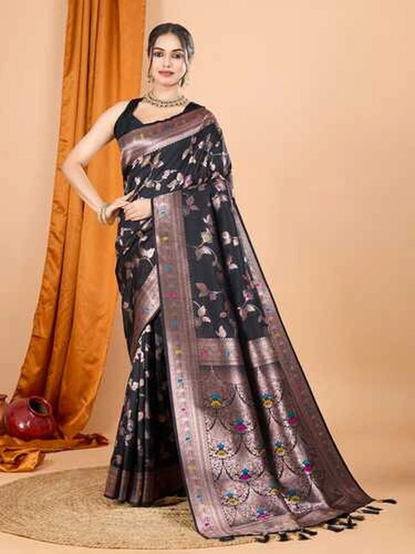 Black premium banarasi silk saree with meenakari zari weaving work