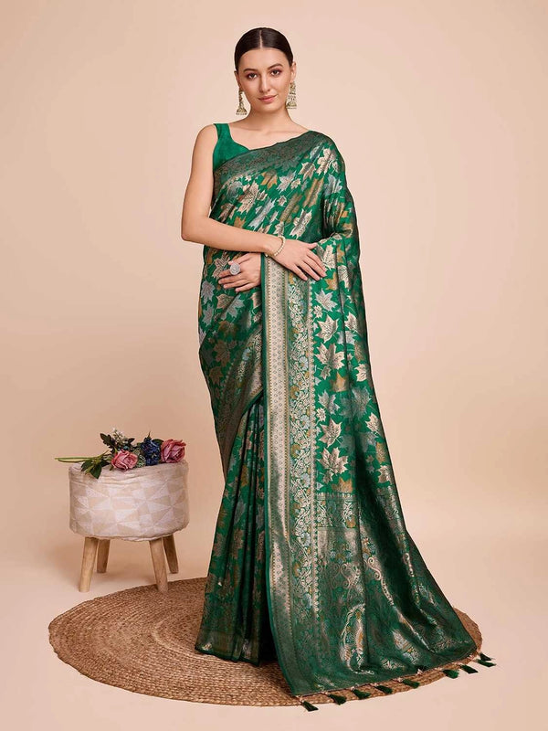 Golden & copper zari weaving with green color soft silk banarasi saree