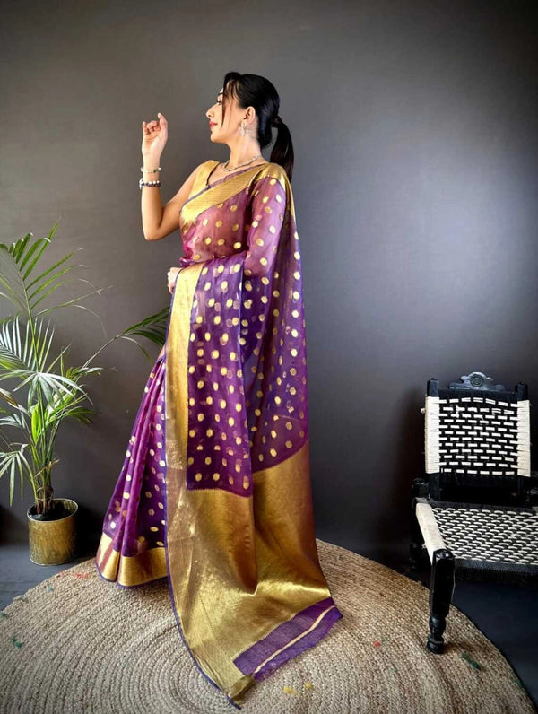Purple latest organza silk saree with zari weaving work