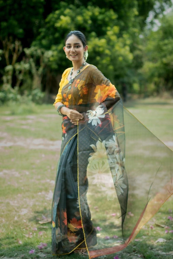 Kushbu organza silk saree with digital printed work