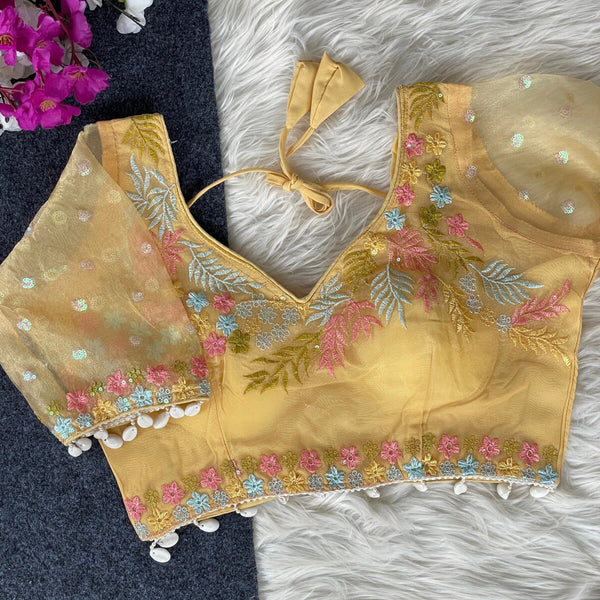 Beige fancy heavy net readymade blouse with embroidery work