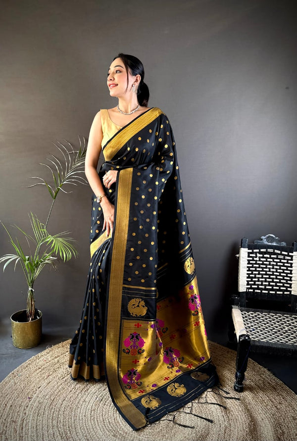 Black traditional paithani silk saree with zari weaving work