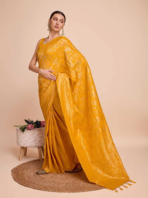 Golden & copper zari weaving with yellow color soft silk banarasi sareeee
