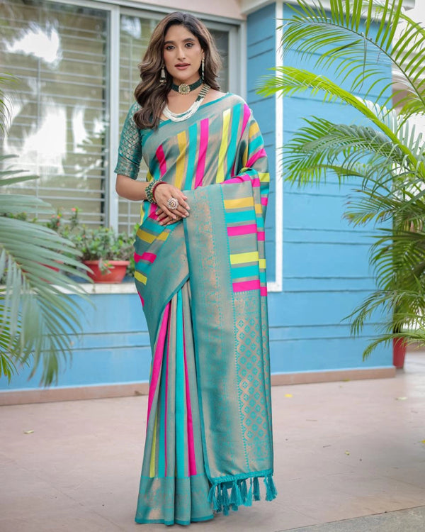Mirana Kanjivaram pattu silk saree multi color with zari weaving rich pallu & border