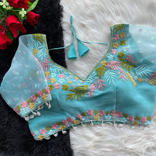 Sky blue fancy heavy net readymade blouse with embroidery work