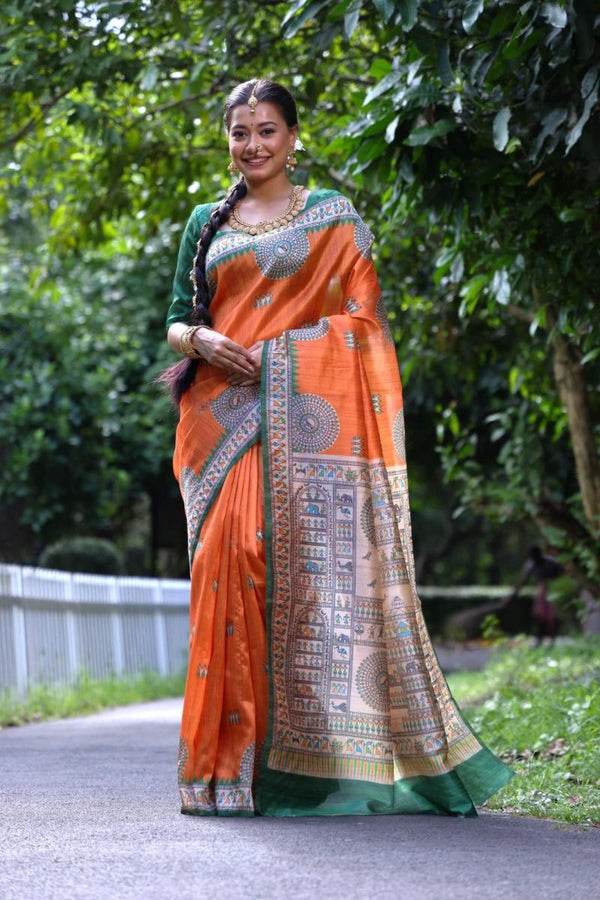 Kanikaa Madhubani Printed Soft Tussar Silk Saree aree