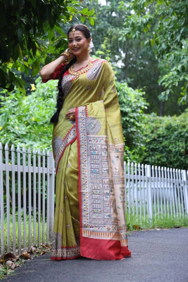 Kanikaa Madhubani Printed Soft Tussar Silk Saree aree