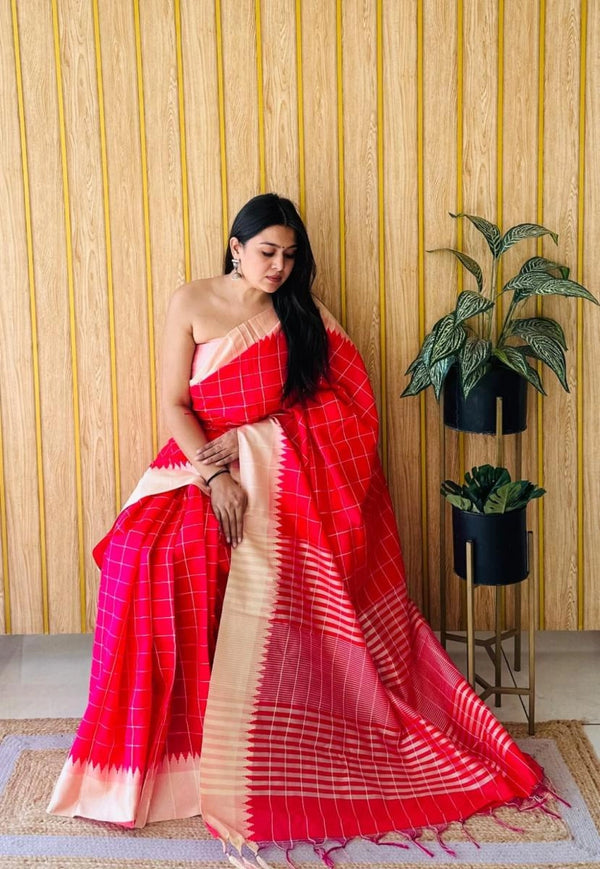 Nayra raw silk saree with weaving temple border