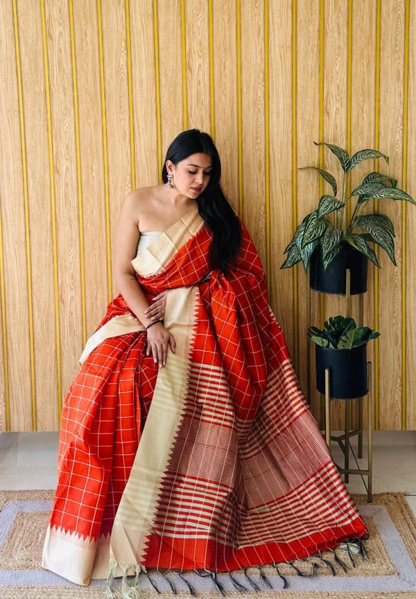 Nayra raw silk saree with weaving temple border