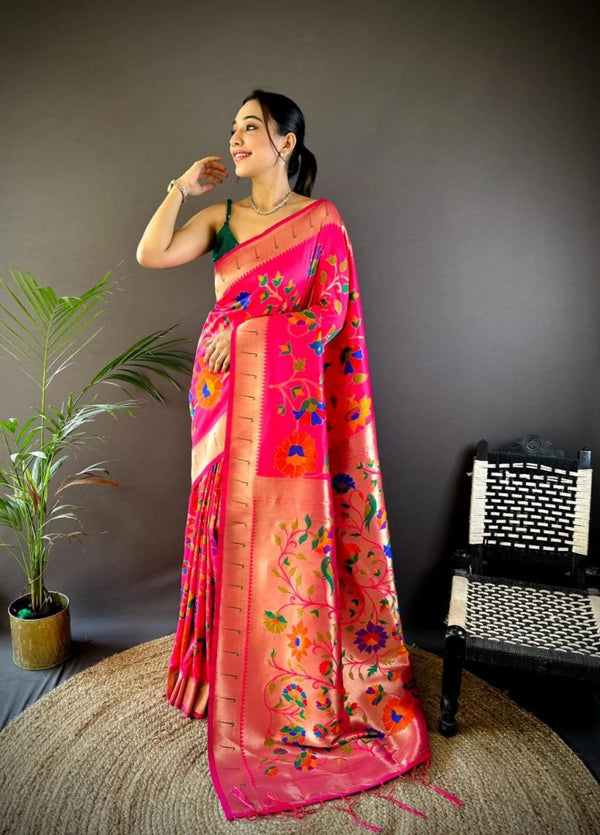 Rangal paithani traditional banarasi silk saree with jal meenakari zari weaving work