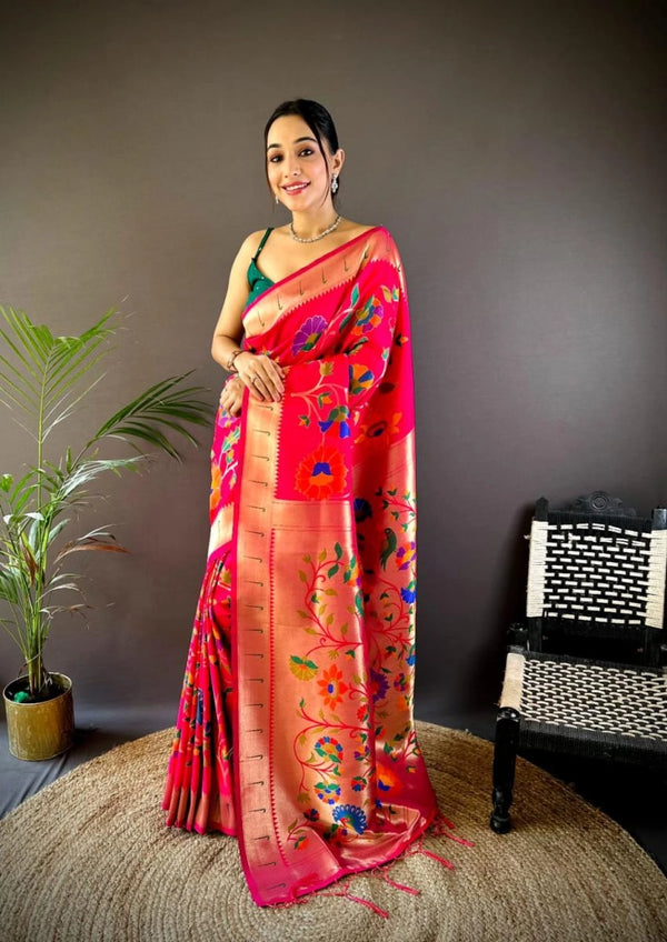 Rangal paithani traditional banarasi silk saree with jal meenakari zari weaving work