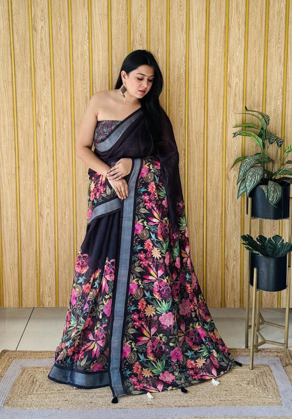 Mayuree floral digital printed soft linen cotton saree
