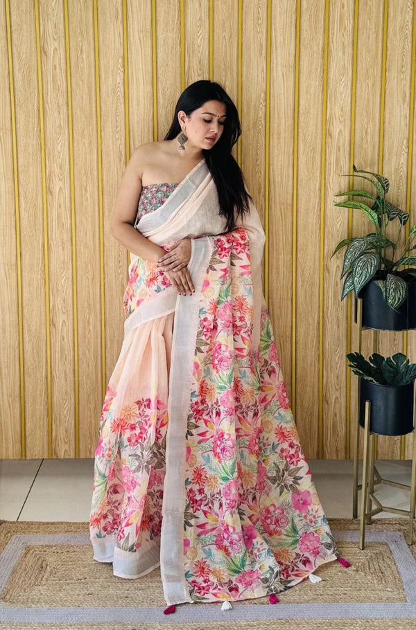 Mayuree floral digital printed soft linen cotton saree