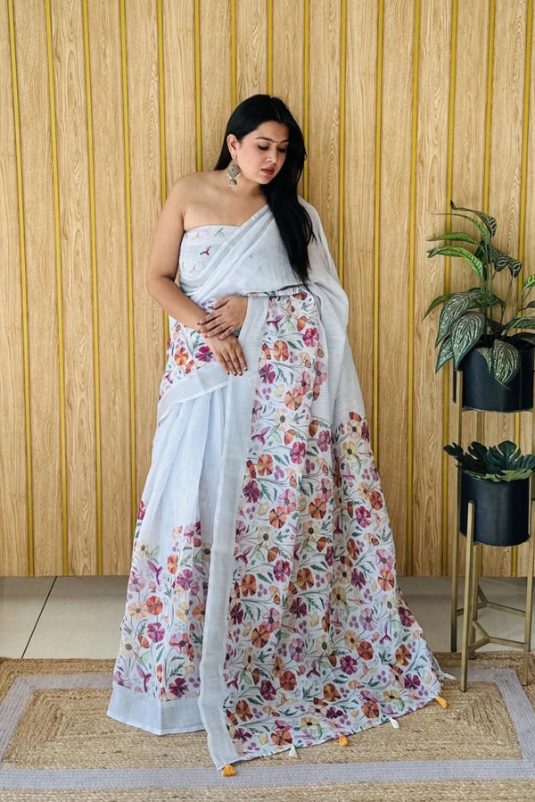 Mayuree floral digital printed soft linen cotton saree