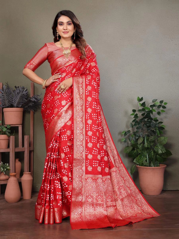 Shakuntala premium bandhej silk saree with zari weaving work