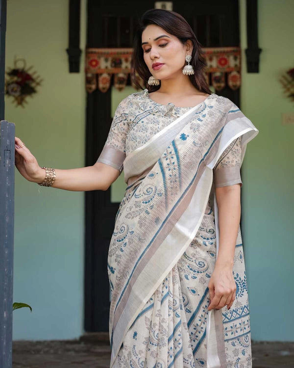 Multi summer special digital printed linen cotton saree