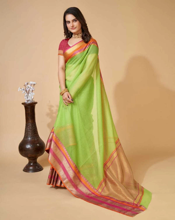 Parrot green color kota doriya saree with zari weaving work