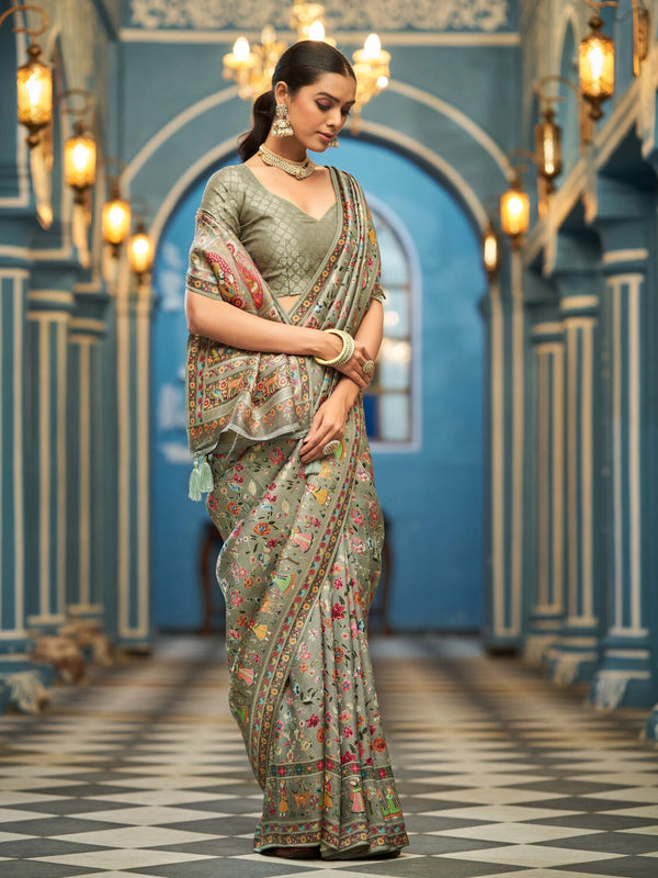 Light pista green exclusive pure pashmina silk saree with woven design