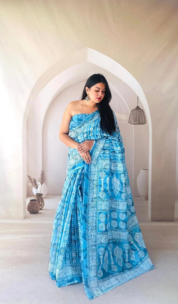 Sky blue batik digital printed fancy linen cotton saree
