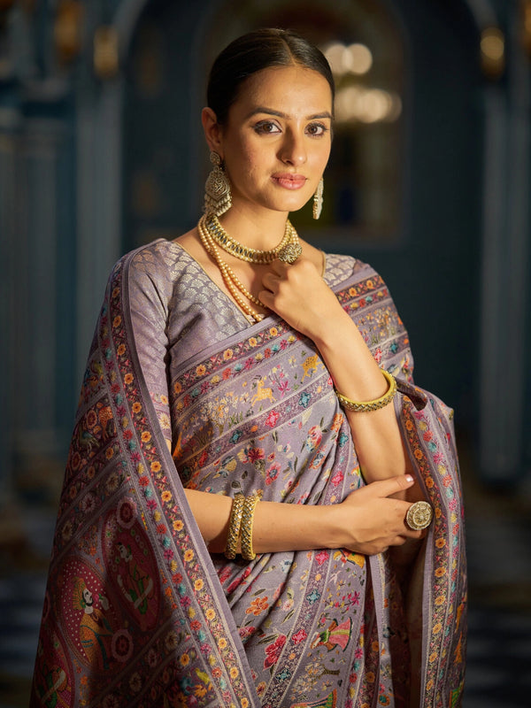 Lavender exclusive pure pashmina silk saree with woven design