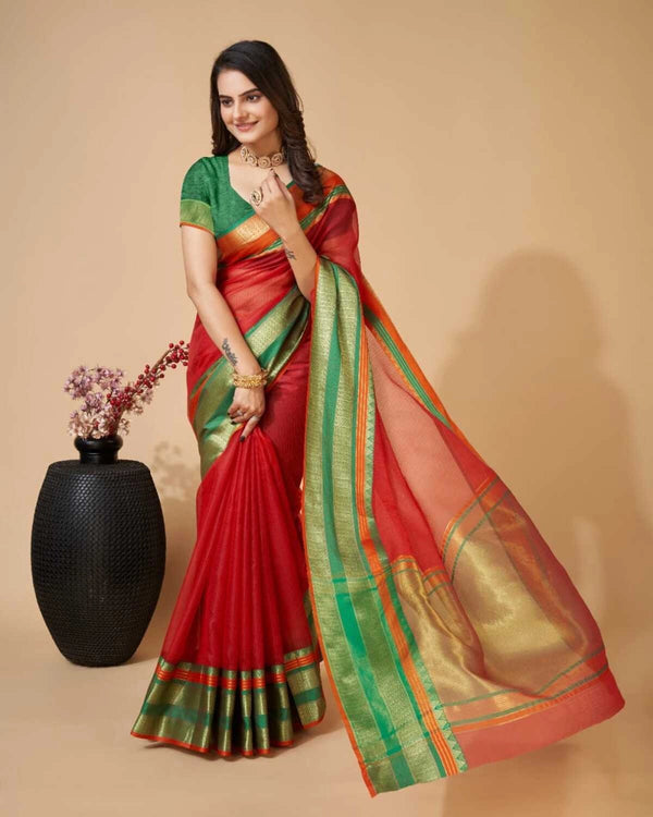 Red color kota doriya saree with zari weaving work
