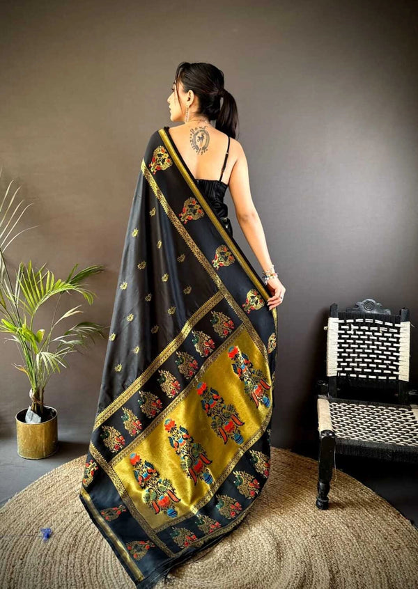 Black traditional paithani silk saree with meenakari zari weaving work