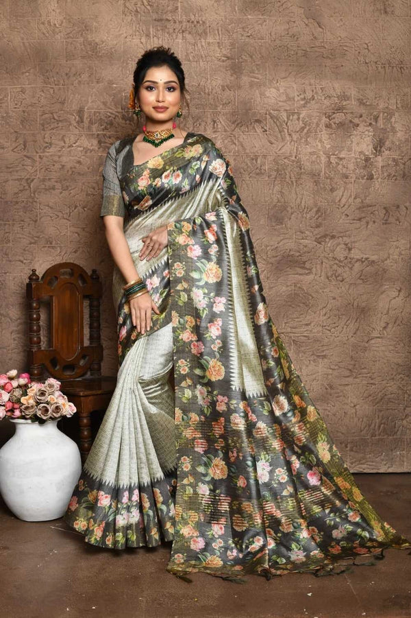 Gray color tussar silk saree with digital printed work