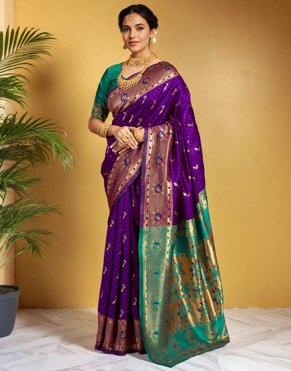 Traditional purple paithani silk saree with zari weaving work