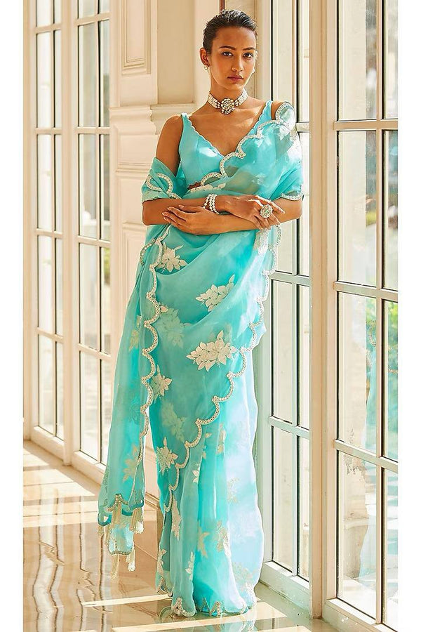 Sky blue fancy jimmy choo silk saree with embroidery and sequence work