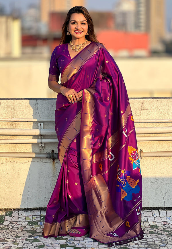 Magenta traditional paithani silk saree with zari weaving work