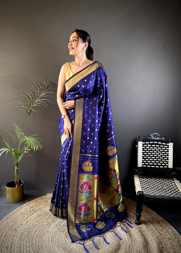 Navy blue traditional paithani silk saree with zari weaving work
