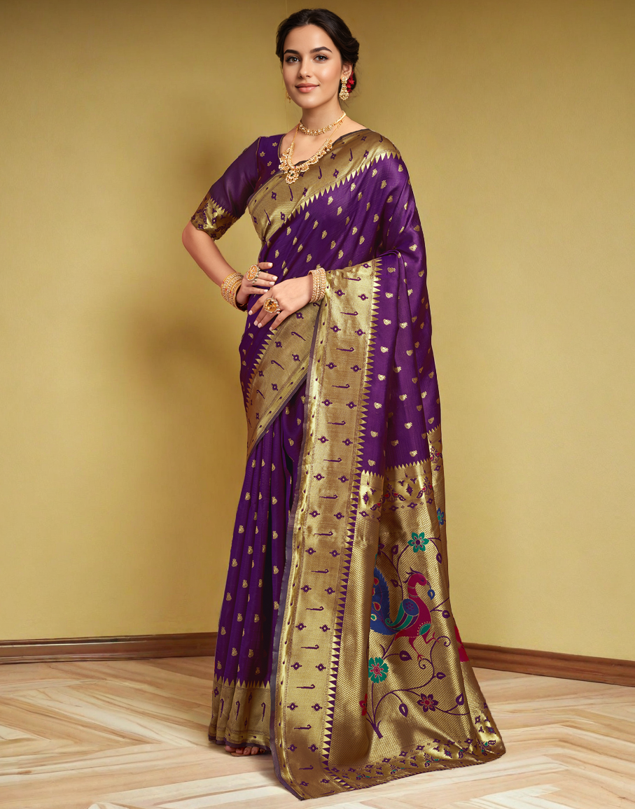 Traditional wine paithani silk saree with zari weaving work