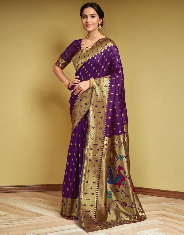 Traditional wine paithani silk saree with zari weaving work