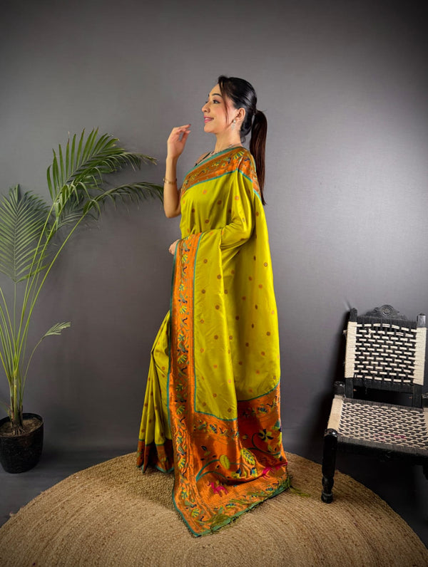 Parrot green colour paithani silk saree with zari weaving work