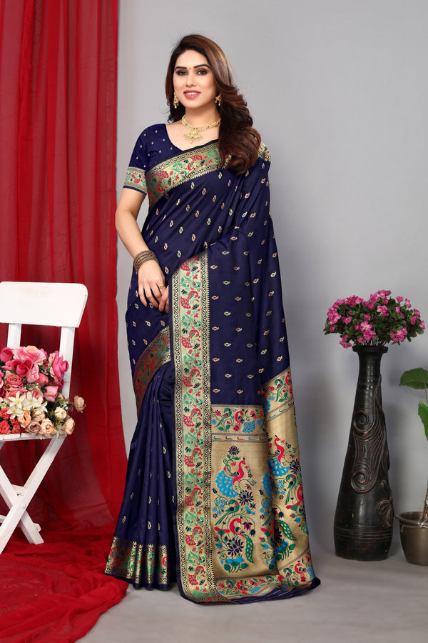 Navy blue color paithani silk saree with zari weaving work