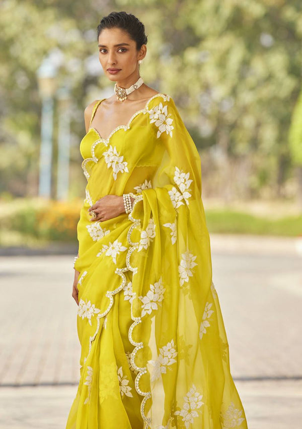 Yellow fancy jimmy choo silk saree with embroidery and sequence work