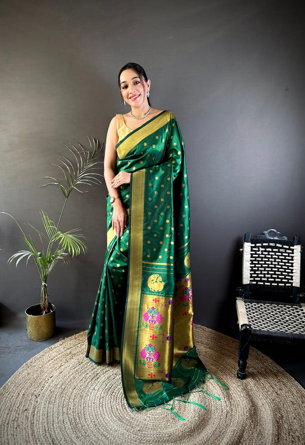 Green traditional paithani silk saree with zari weaving work