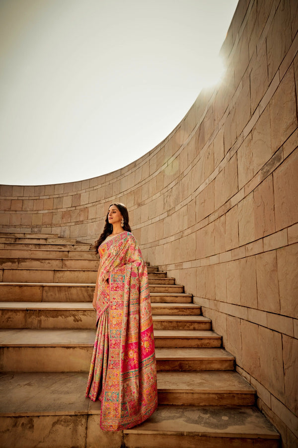 Cream traditional pashmina cotton saree with woven design