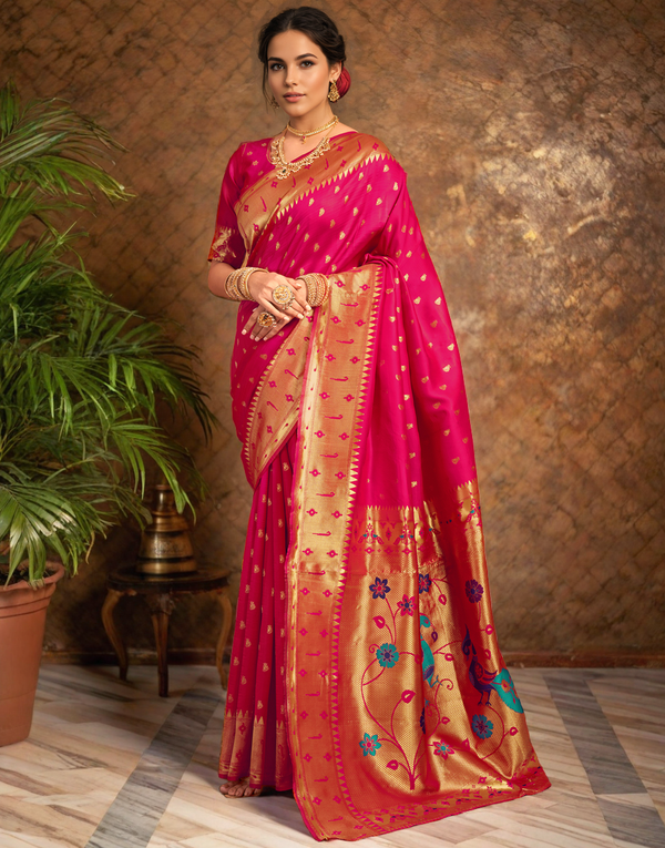 Traditional pink paithani silk saree with zari weaving work