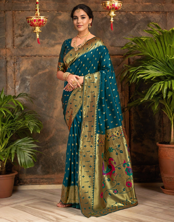 Traditional morpeach paithani silk saree with zari weaving work
