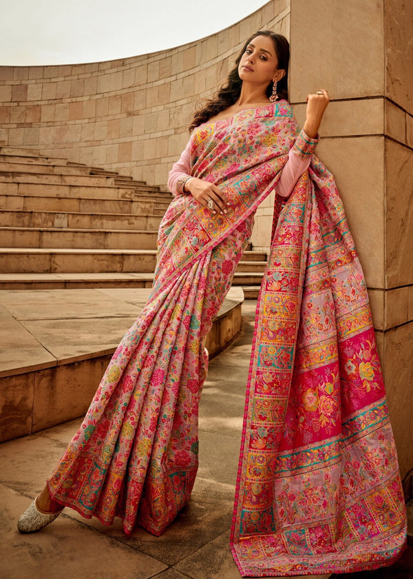 Pink traditional pashmina cotton saree with woven design