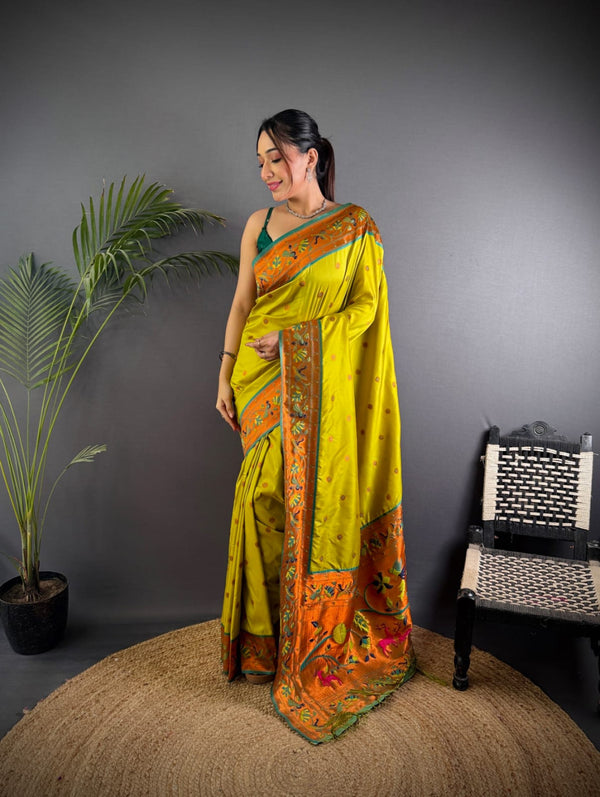 Parrot green colour paithani silk saree with zari weaving work