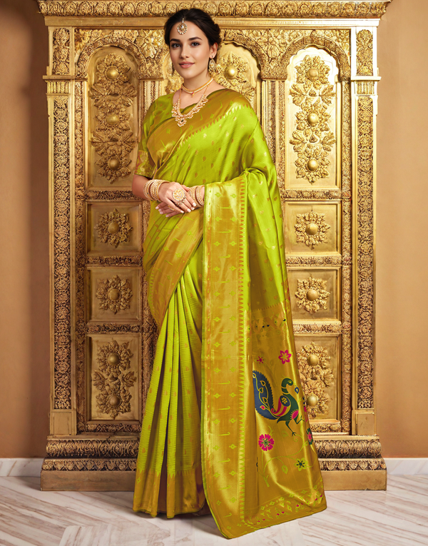 Traditional parrot green paithani silk saree with zari weaving work