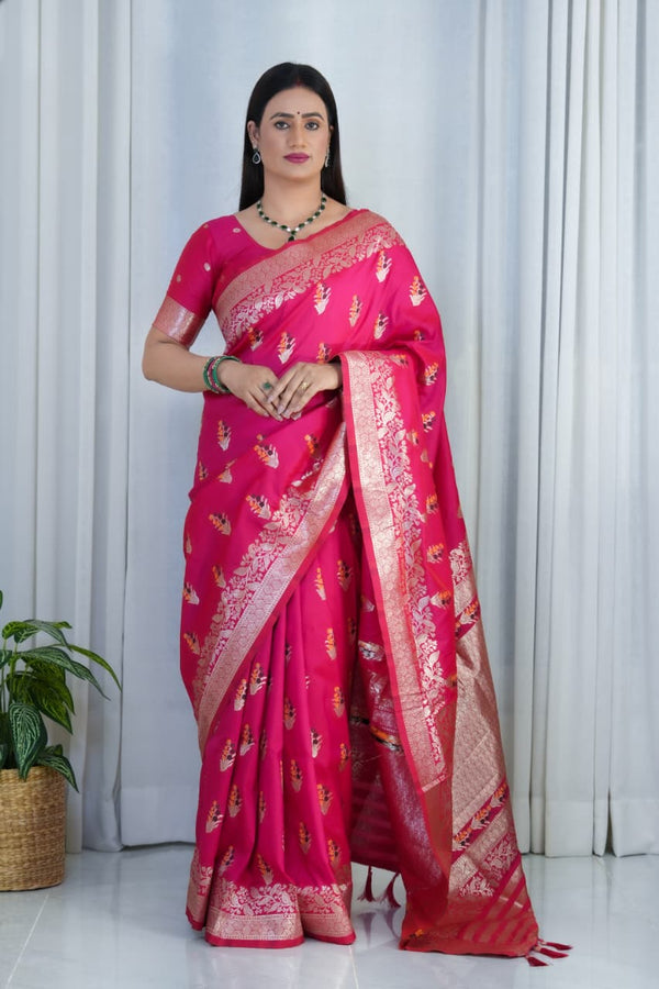 Pink pure soft banarasi saree with meenakari weaving work