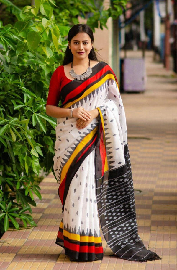 White soft linen cotton saree with digital printed work