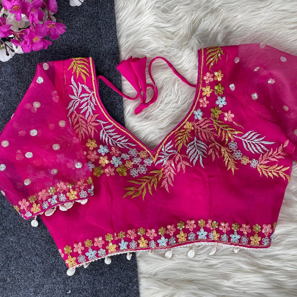 Rani pink fancy heavy net readymade blouse with embroidery work