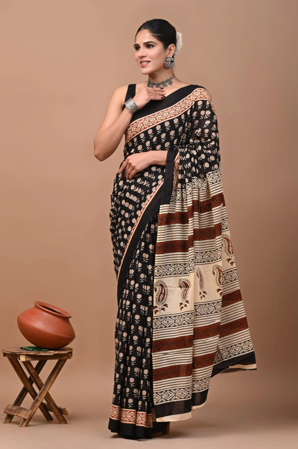 Black pure mulmul cotton saree with bagru hand block printed work