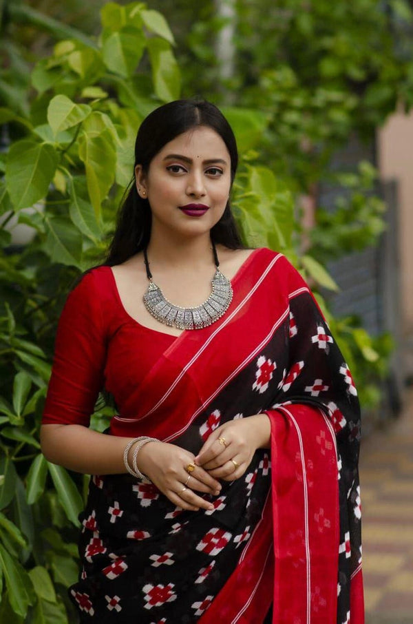 Black soft linen cotton saree with digital printed work